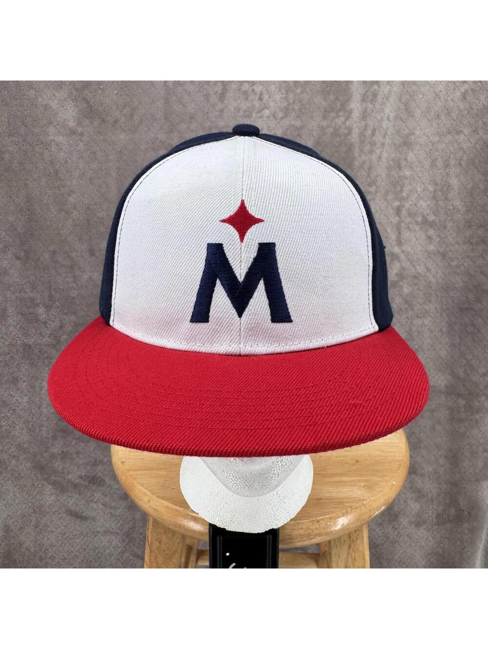 Caribou Coffee Hat Cap Snap Back Red White Blue M Logo Mens One Size Flat Brim